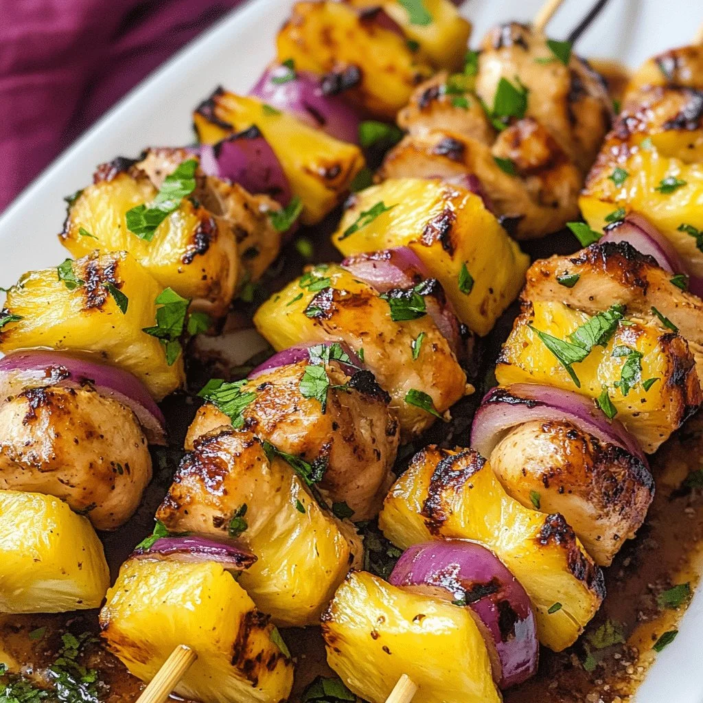 Pineapple Chicken Kabobs served on a grill with colorful vegetables