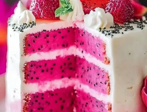 Slice of Pink Dragon Fruit Cake decorated with fresh fruits and cream