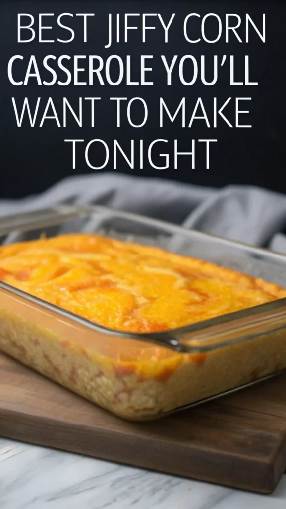 A pinterest style image for Jiffy Corn Casserole with visible orange internal marbling, with precise details on wooden surface with gray dramatic lighting