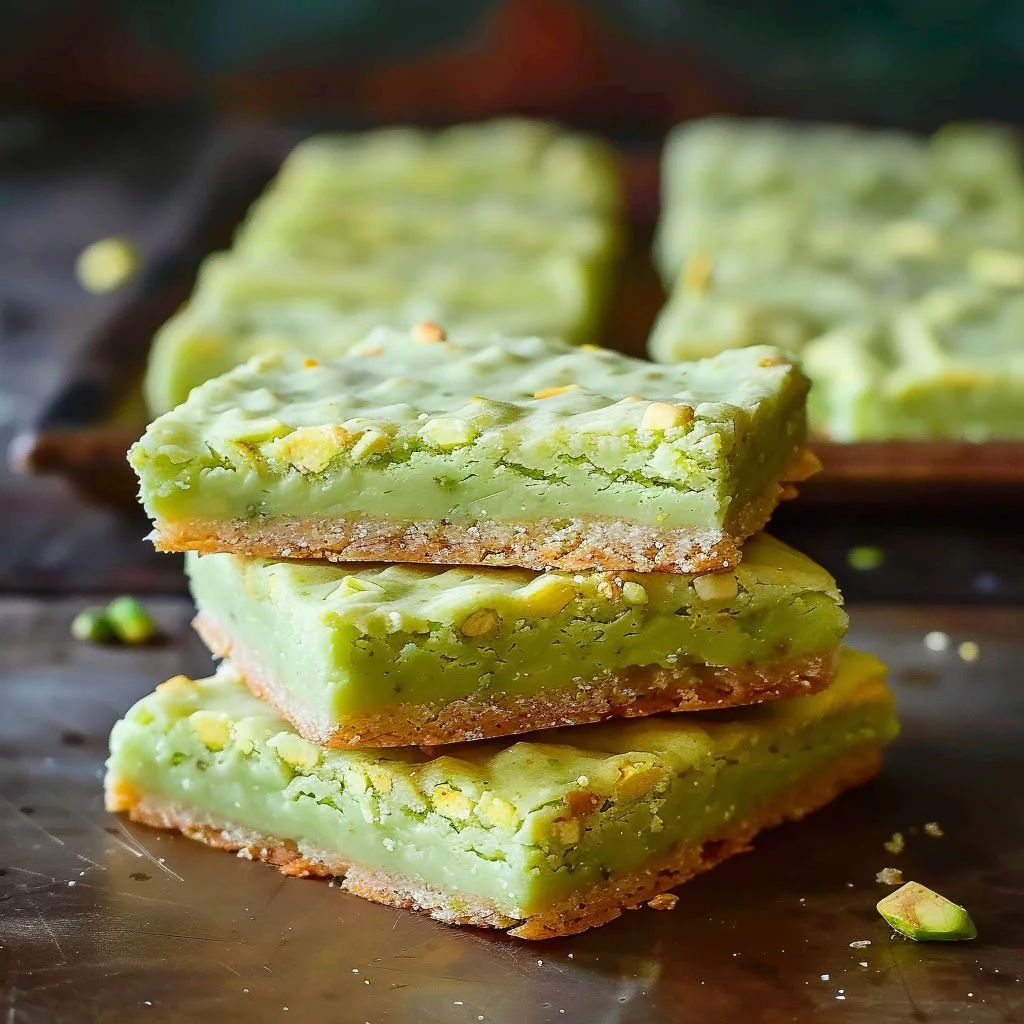 Pistachio Pudding Sugar Cookie Bars topped with whipped cream and pistachio nuts.