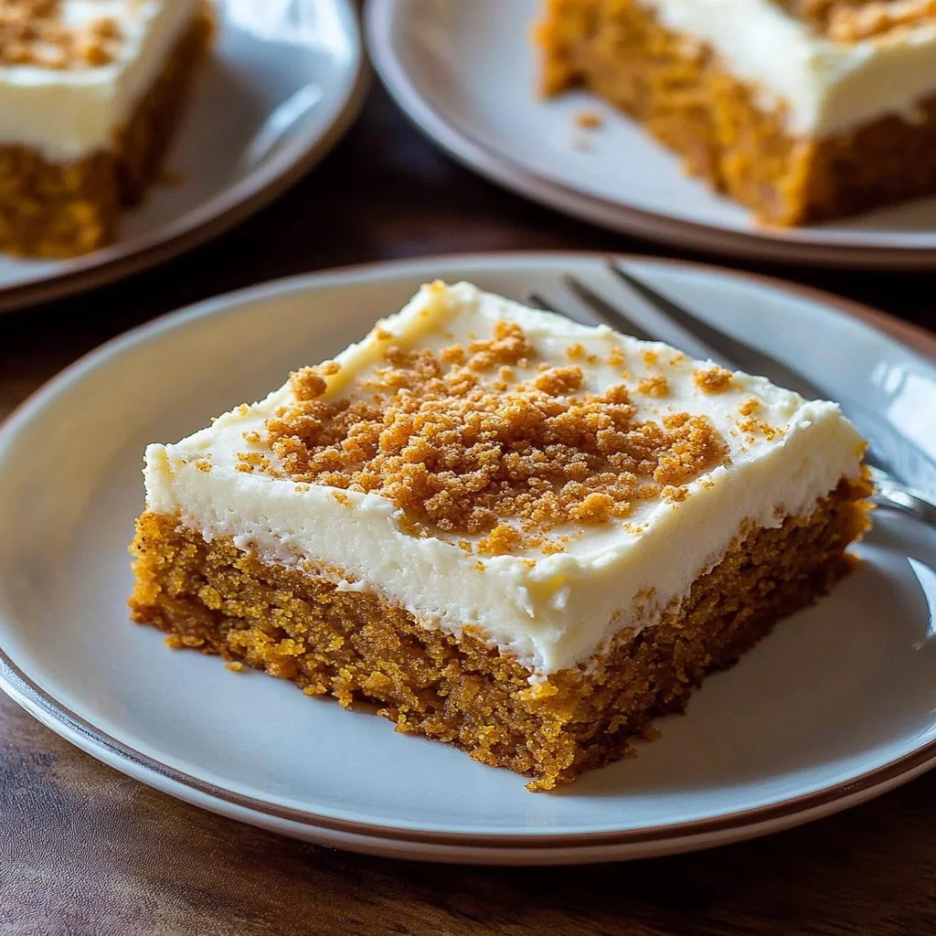 Delicious homemade pumpkin bars topped with cream cheese frosting