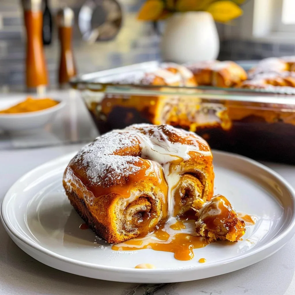 Delicious pumpkin cinnamon rolls topped with cream cheese icing