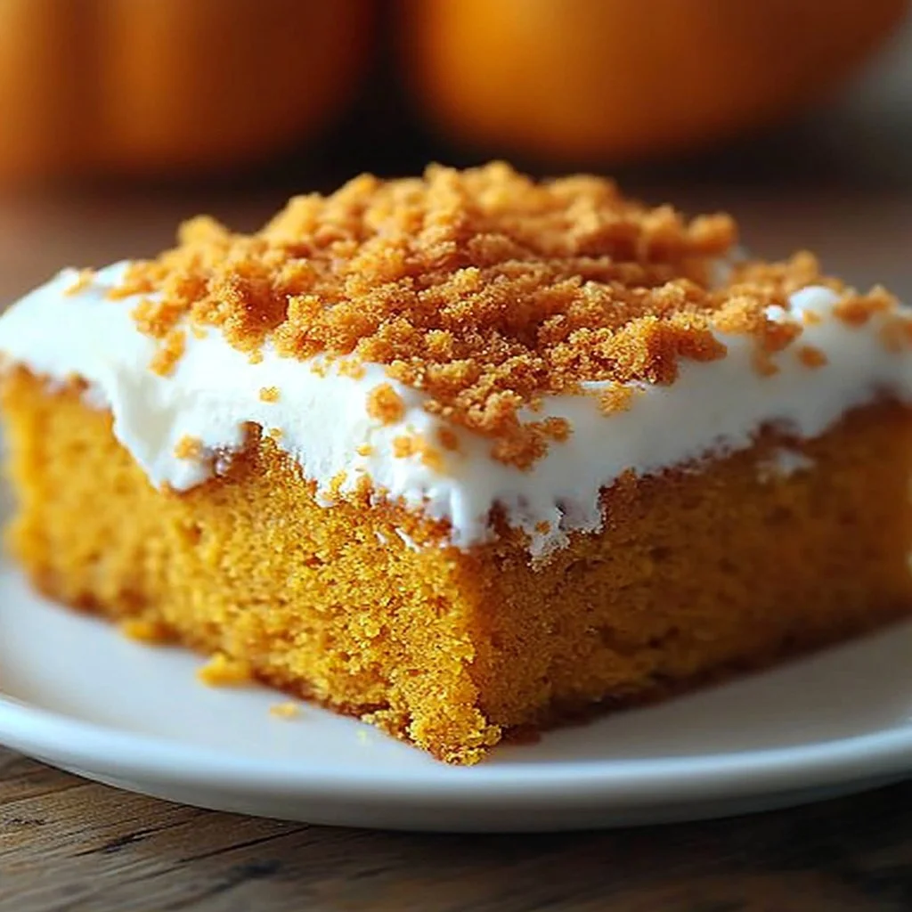 Delicious Pumpkin Poke Cake with creamy frosting and fall spices