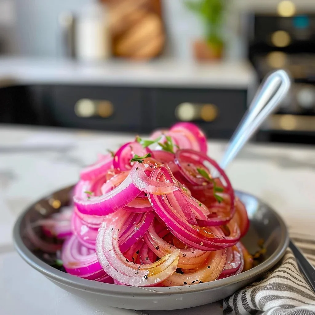 Quick and easy pickled red onions in a jar for topping tacos and salads.