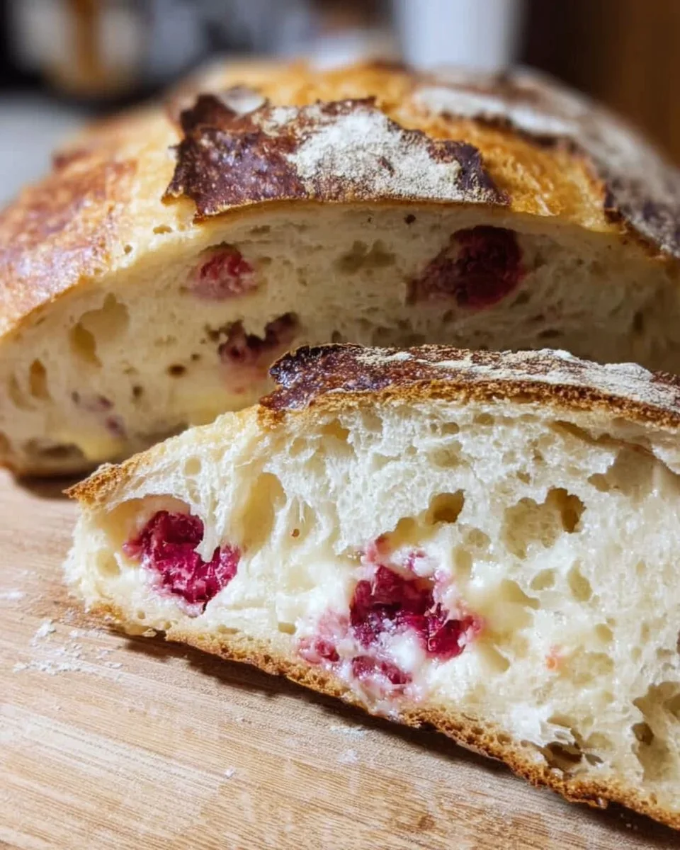 Delicious raspberry cheesecake sourdough bread with a creamy topping and fresh raspberries.