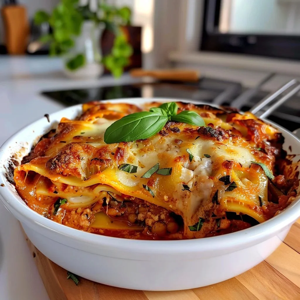 A delicious plate of ravioli lasagna with layers of cheese and sauce.