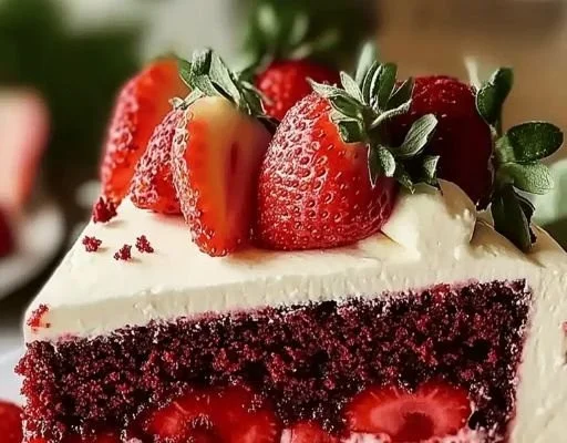 Delicious Red Velvet Cheesecake topped with cream cheese frosting