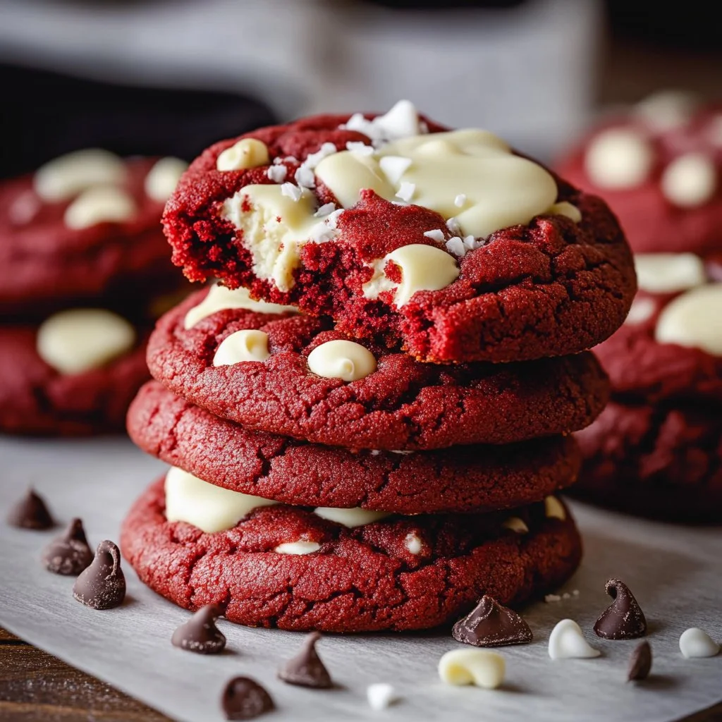Delicious red velvet cheesecake cookies with cream cheese filling on a plate