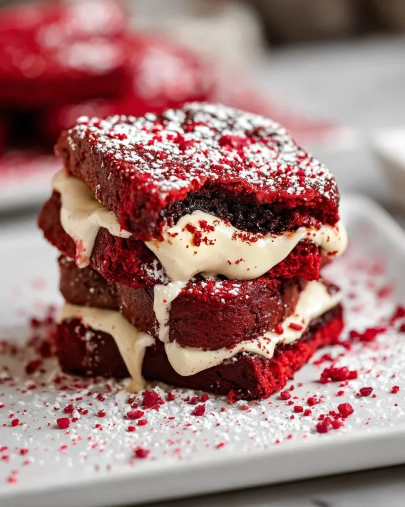 Deliciously plated Red Velvet French Toast topped with cream cheese frosting and strawberries.