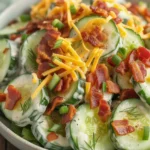 Cucumber Ranch Crack Salad with cucumbers, ranch dressing, bacon, and cheddar cheese