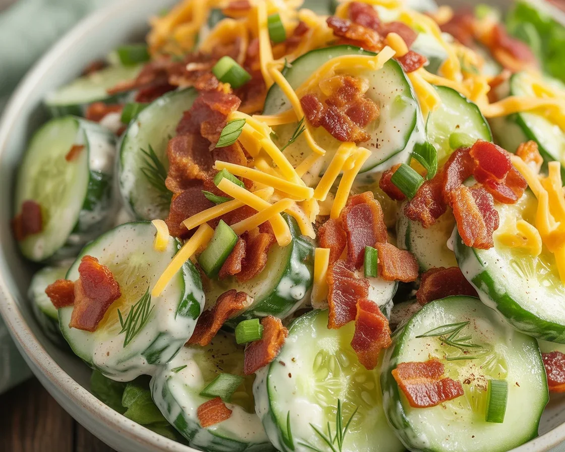 Cucumber Ranch Crack Salad with cucumbers, ranch dressing, bacon, and cheddar cheese