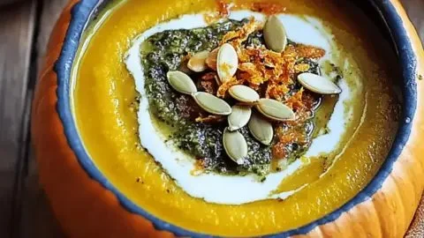 Creamy roasted garlic sage pesto pumpkin soup in a bowl