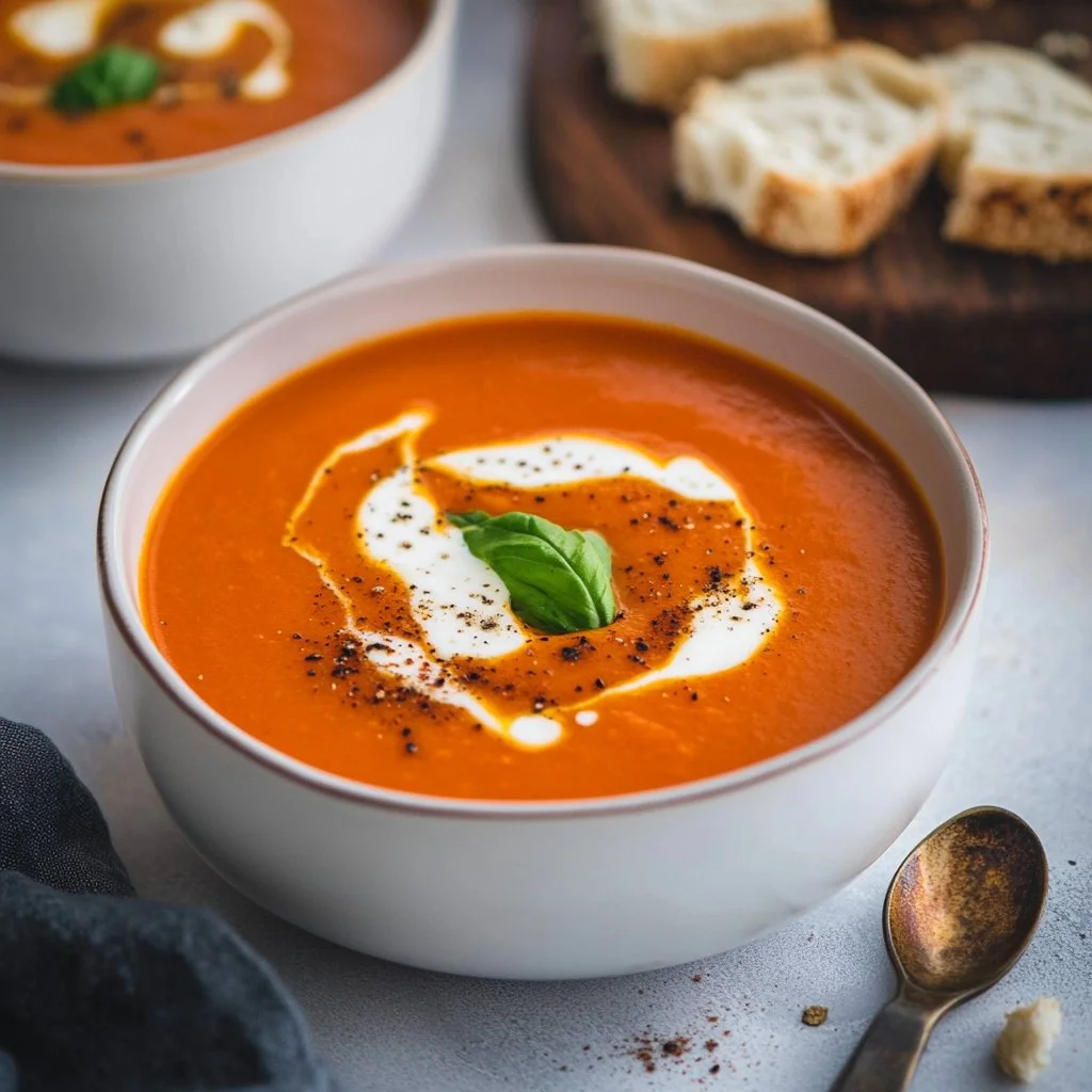 Bowl of creamy roasted red pepper soup garnished with herbs and a drizzle of olive oil