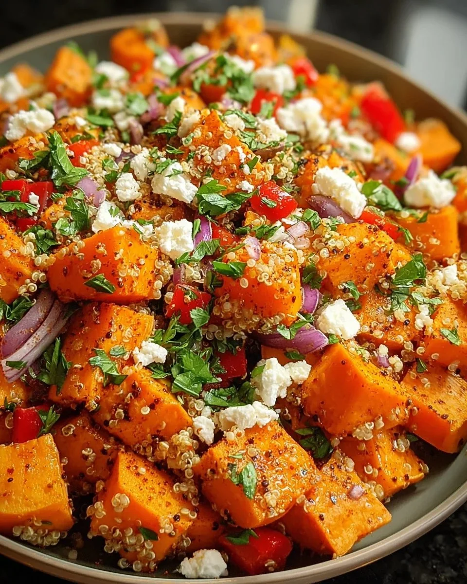 Roasted sweet potato salad with healthy toppings and vibrant colors