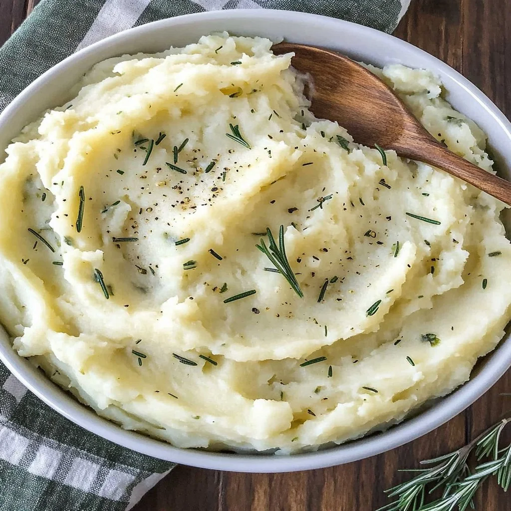 Bowl of creamy rosemary garlic mashed potatoes topped with fresh herbs