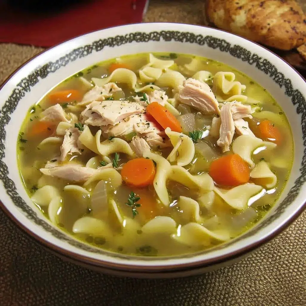 Bowl of homemade rotisserie chicken noodle soup with fresh vegetables