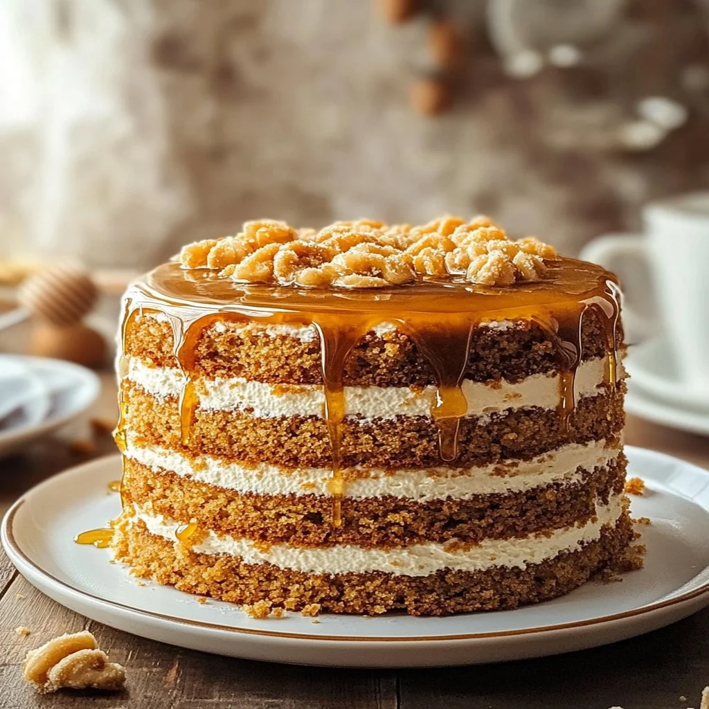 Deliciously layered Russian Honey Cake with honey and cream filling