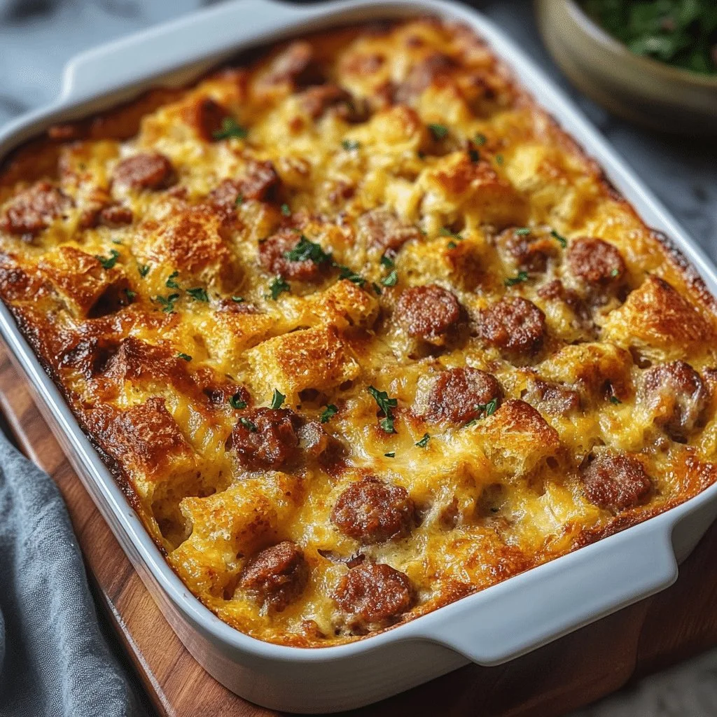 A delicious Sausage Breakfast Casserole served in a baking dish, topped with herbs.
