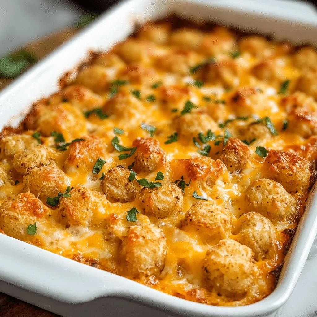 Sausage Tater Tot Breakfast Casserole served in a baking dish