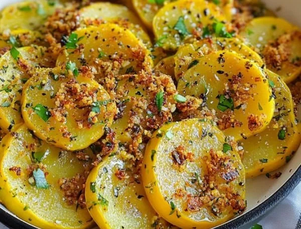 Sautéed yellow squash garnished with a crispy herb topping