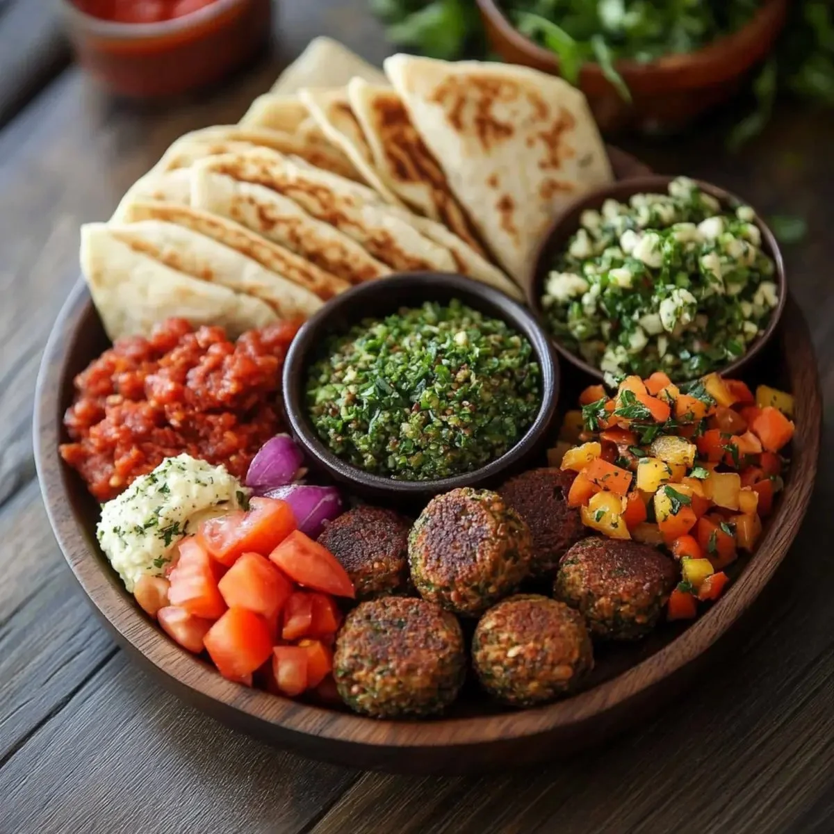 Delicious Middle Eastern falafel platter with vibrant fresh veggies and sauces
