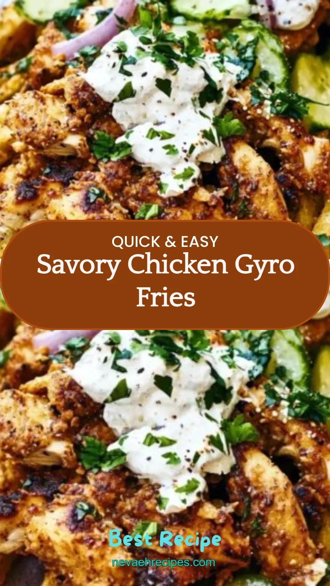 Savory chicken gyro fries topped with fresh ingredients and sauce.