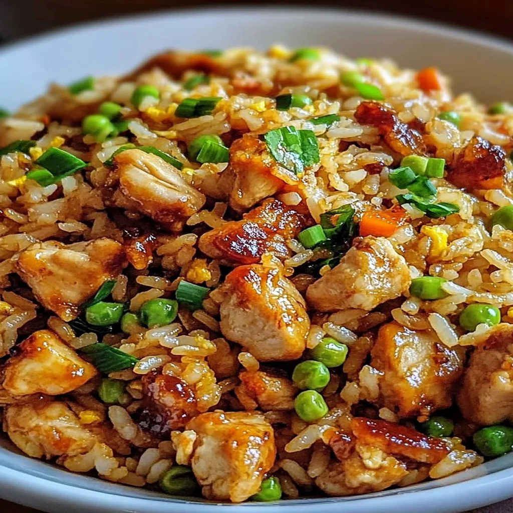 Delicious bowl of BBQ chicken fried rice with fresh vegetables and herbs
