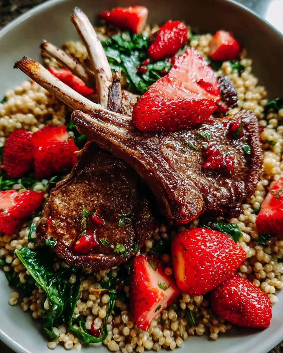 Savory lamb chops served with buckwheat salad and peppery strawberries