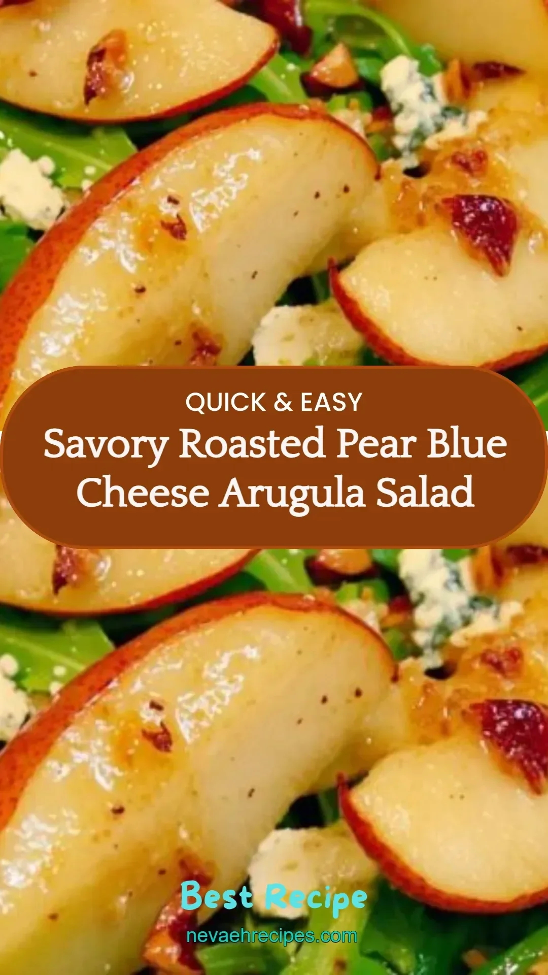 Savory roasted pear salad with blue cheese and arugula on a plate