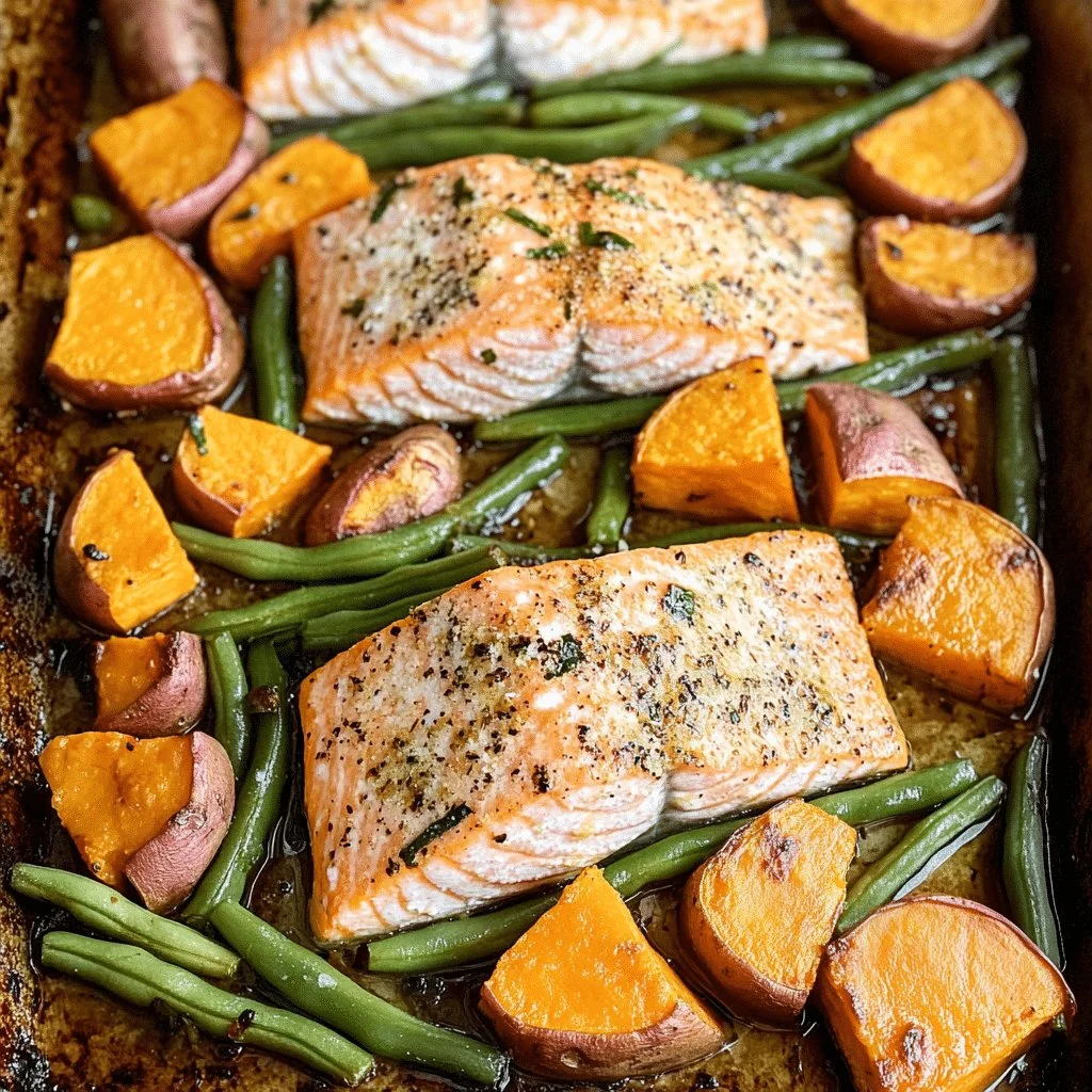 Delicious sheet pan baked salmon with sweet potatoes and green beans on a plate