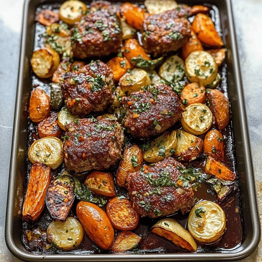 Sheet pan mini meatloaf with roasted vegetables on a serving platter