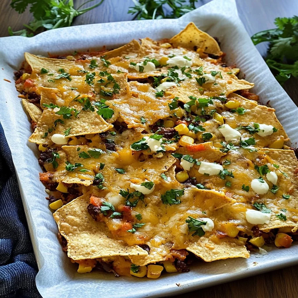 Delicious sheet pan nachos topped with cheese, jalapeños, and guacamole