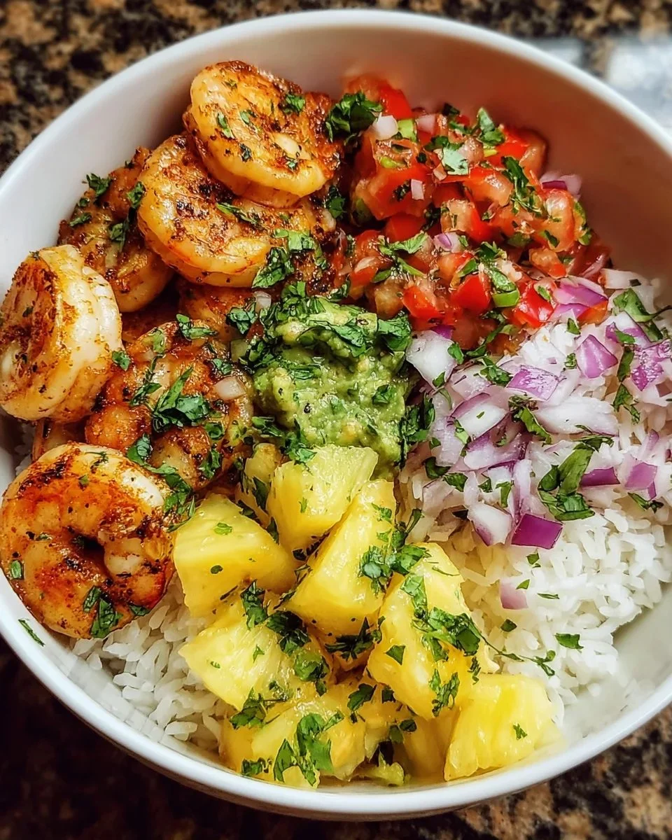 Shrimp rice bowl topped with pineapple salsa in a colorful presentation