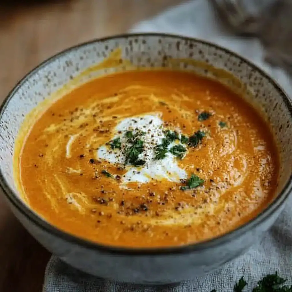 Silky and healthy roasted carrot soup in a bowl, garnished with herbs.