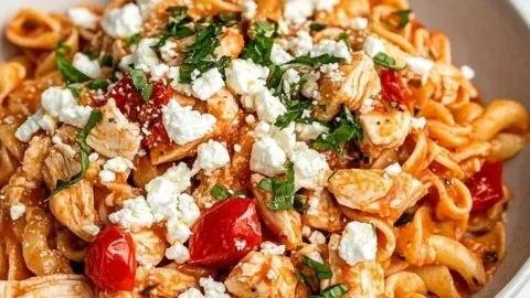 A bowl of simple chicken feta pasta topped with fresh herbs and feta cheese.