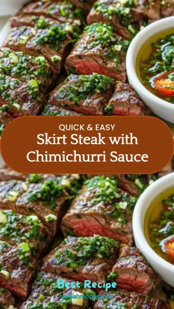 Grilled skirt steak topped with chimichurri sauce on a rustic plate