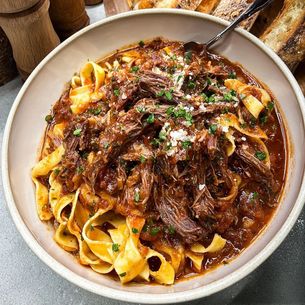 Delicious slow-cooked short rib ragu served over pasta