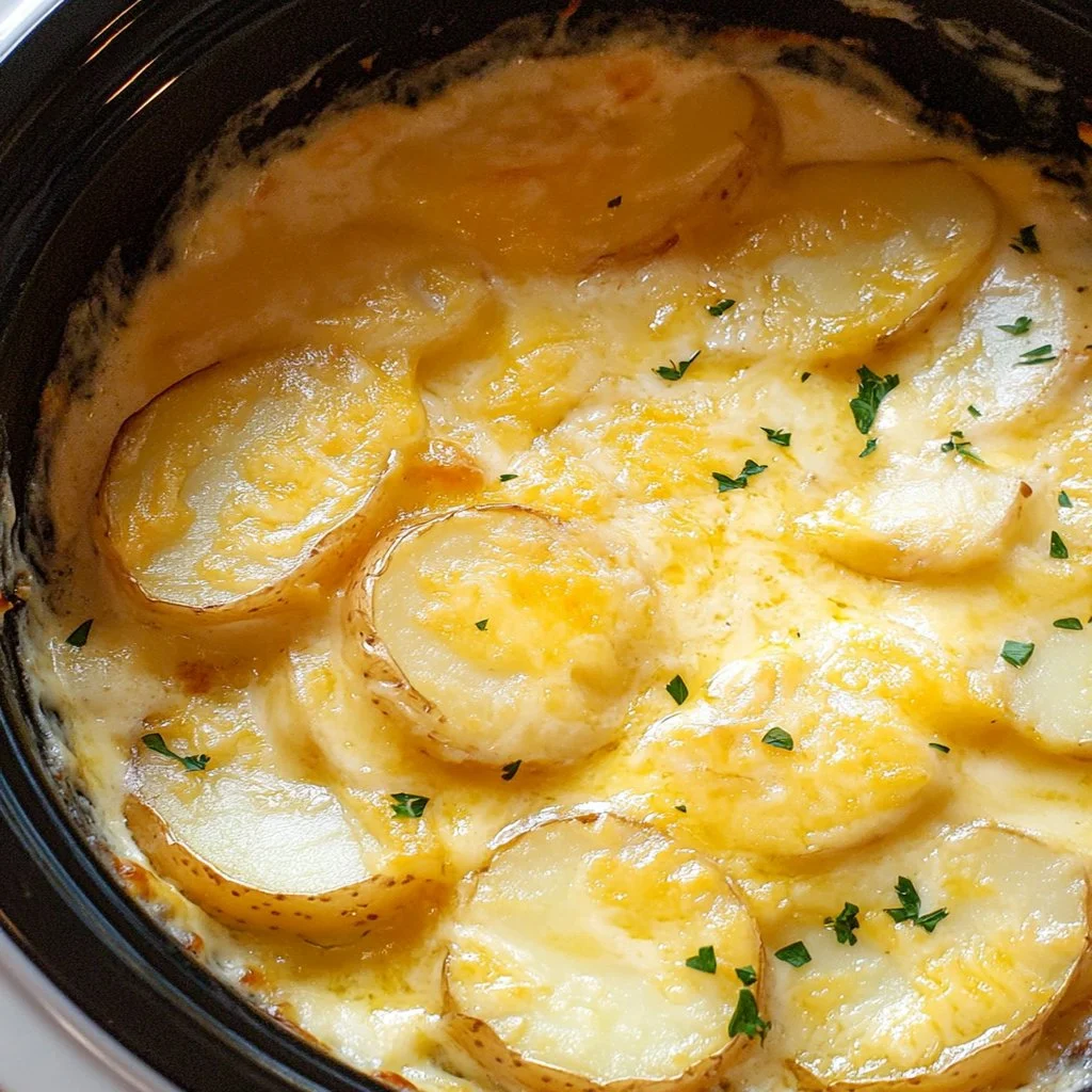 Delicious slow cooker cheesy scalloped potatoes dish served in a bowl
