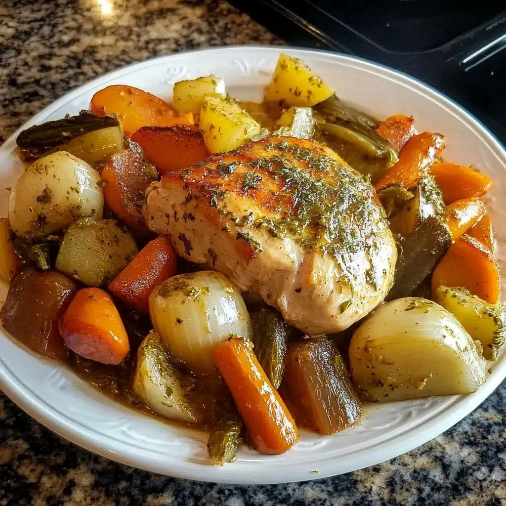 A plate of delicious Slow Cooker Harvest Chicken served with seasonal vegetables