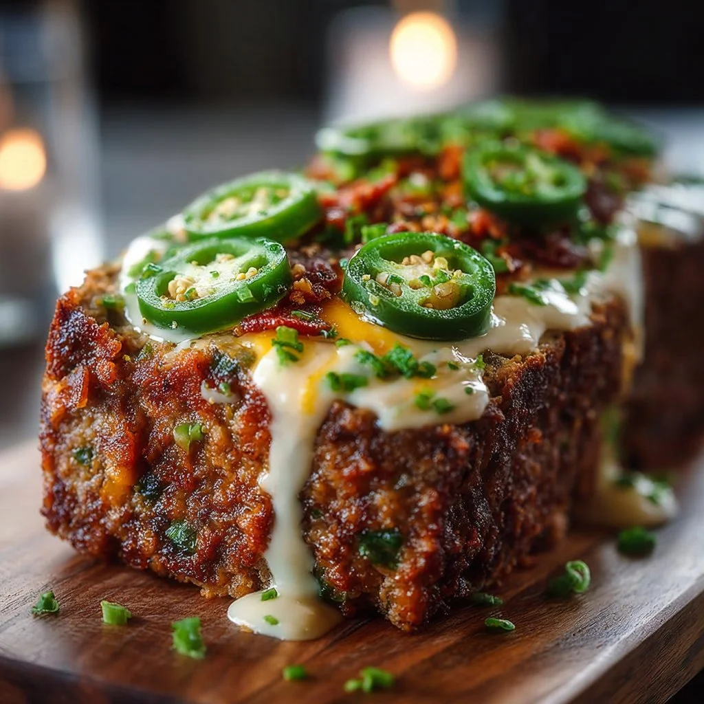 Smoky Jalapeño Popper Meatloaf topped with cheesy jalapeños and bacon
