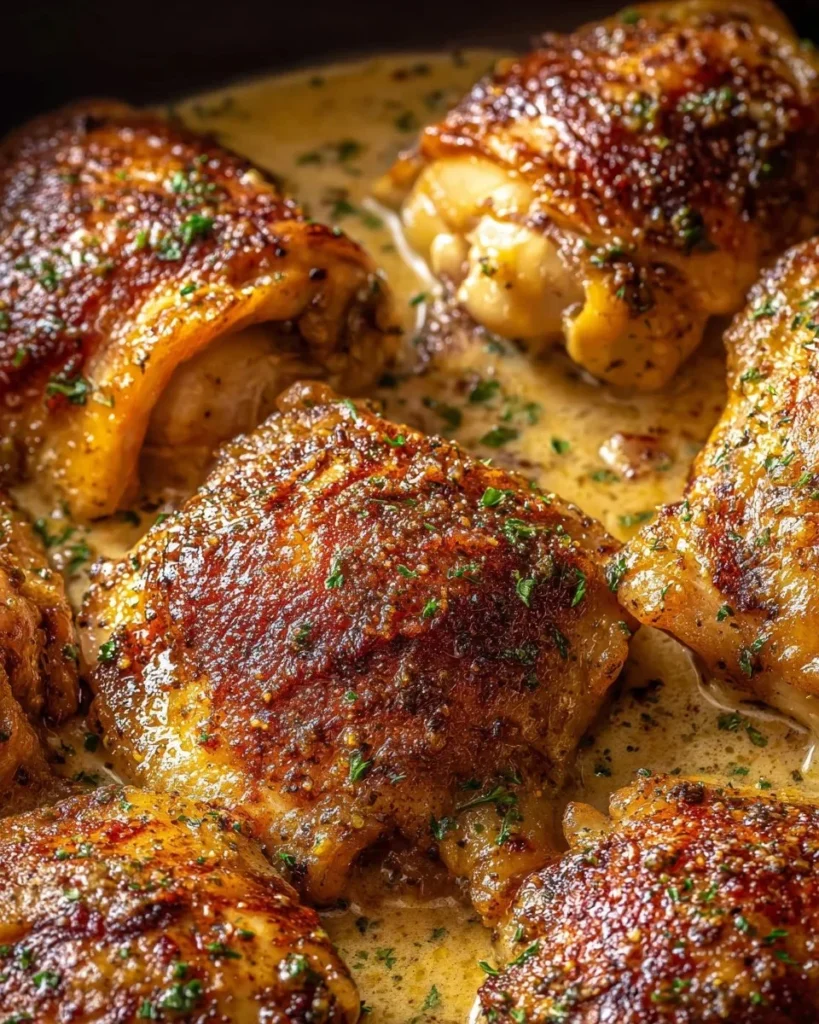 Smothered Skillet Chicken Cajun served on a plate with herbs and spices