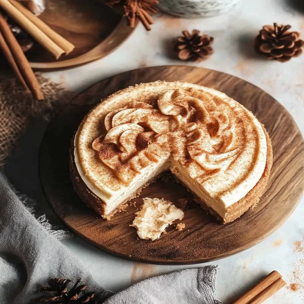 Delicious snickerdoodle cheesecake topped with cinnamon and sugar