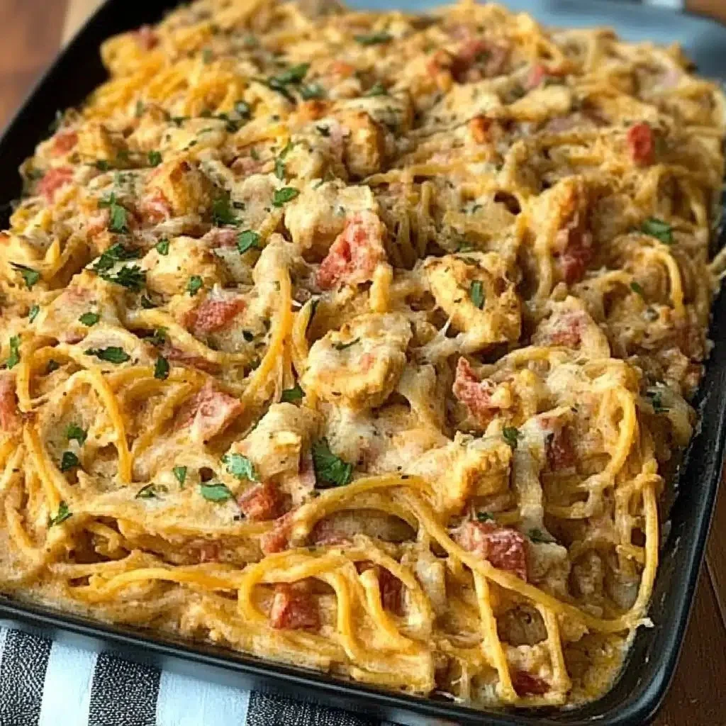 Delicious Southern Chicken Spaghetti Casserole served in a baking dish.