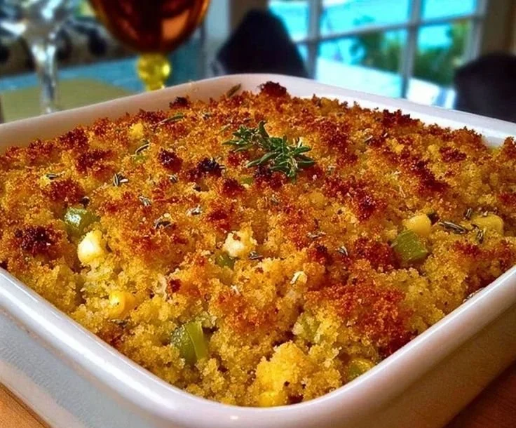 Delicious Southern cornbread dressing served in a bowl