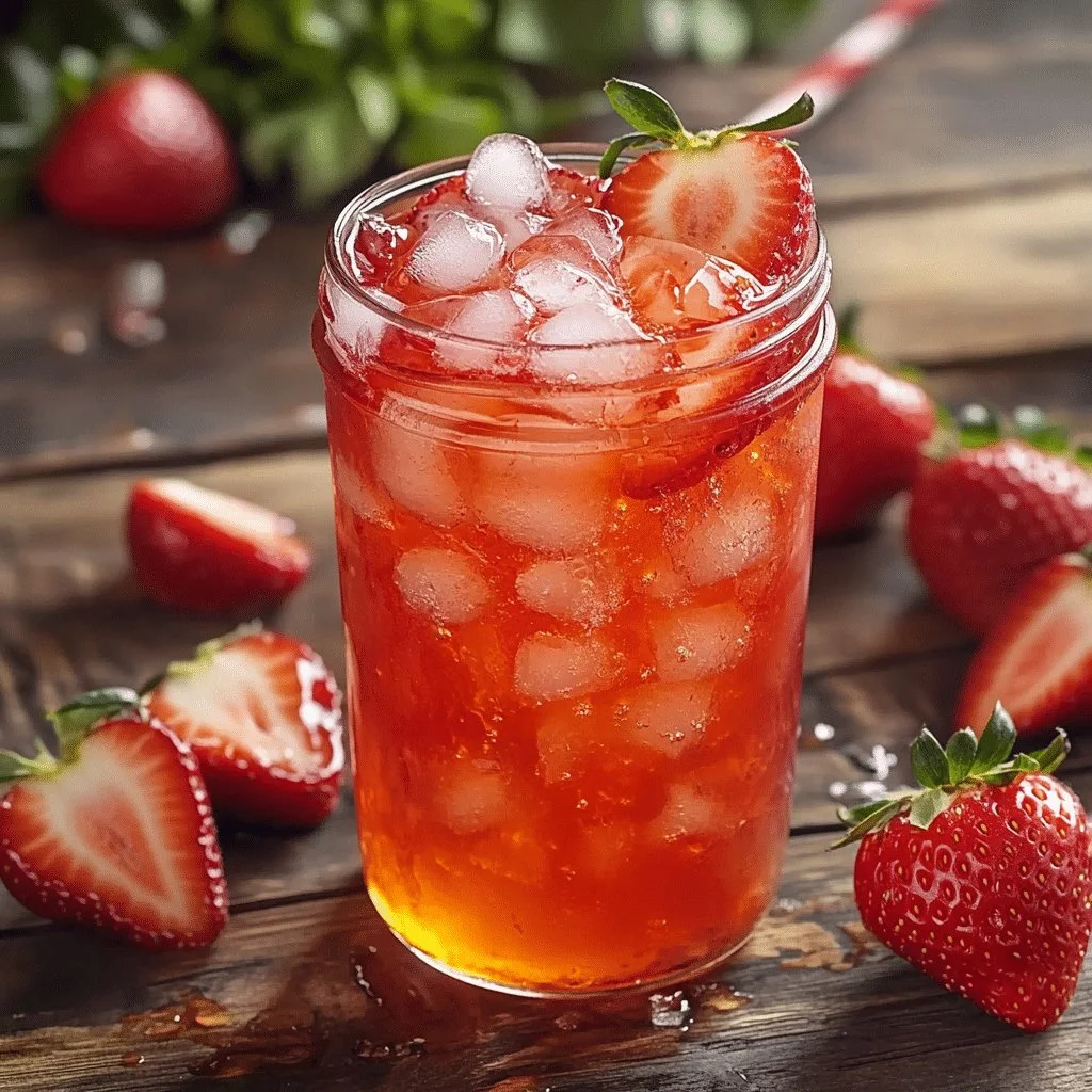 A refreshing glass of Southern Strawberry Sweet Iced Tea with fresh strawberries.