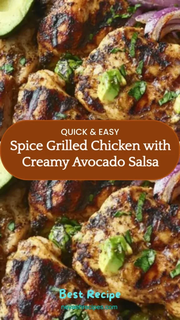 Spice grilled chicken served with creamy avocado salsa on a plate.