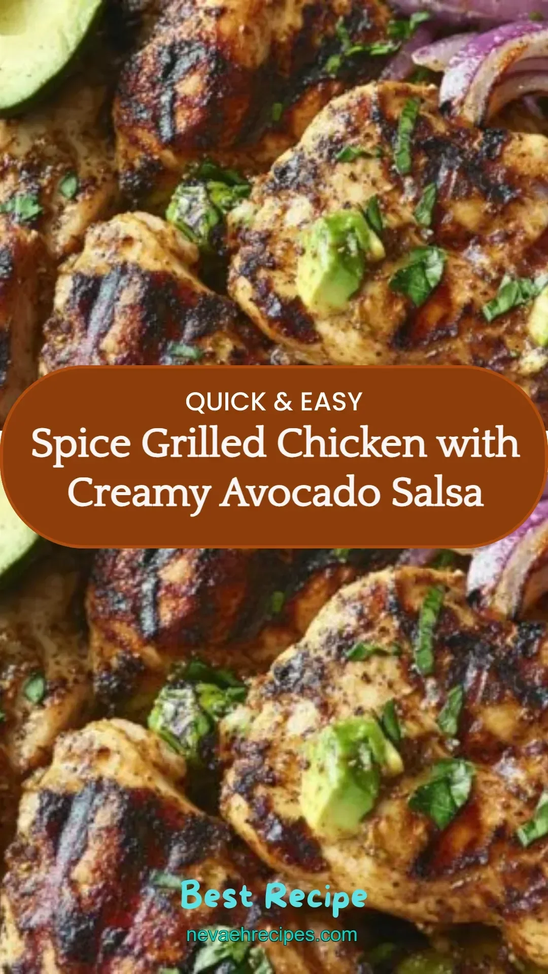 Spice grilled chicken served with creamy avocado salsa on a plate.