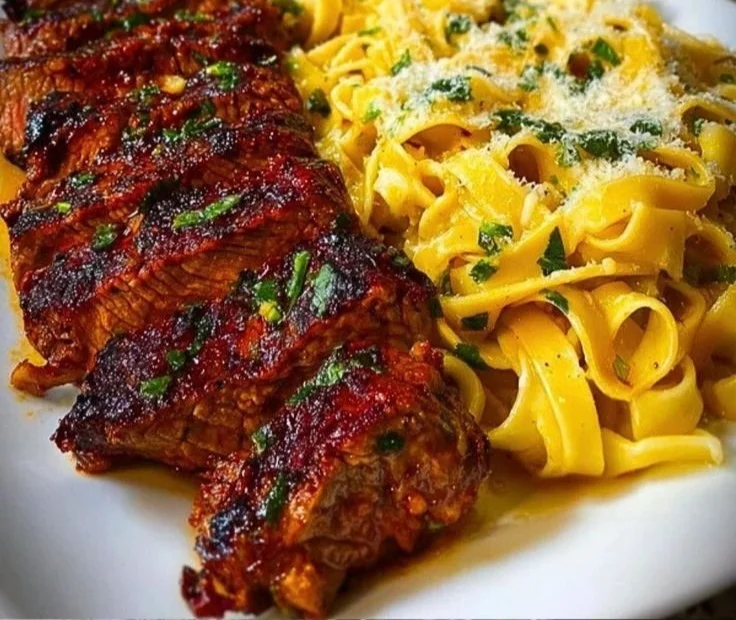 Spicy Cajun steak served with Parmesan fettuccine pasta on a plate