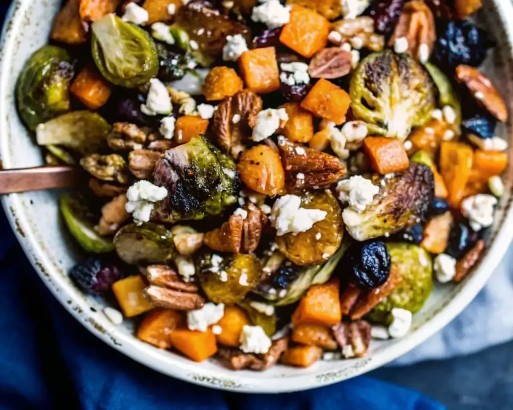 Crispy Brussels sprouts with bacon tossed in a spicy maple glaze in a bowl