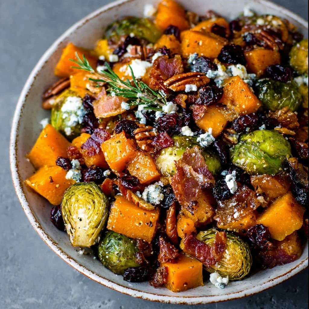 Delicious Spicy Maple Brussels with Butternut Squash and Crispy Bacon.